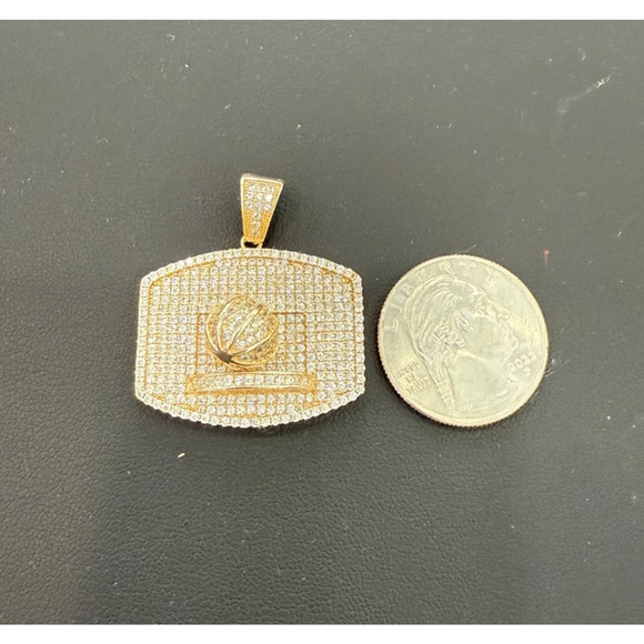Basketball Hoop Pendant 925 Sterling Silver Gold Plated Iced CZ Charm 1.4 inch - Picture 3 of 3